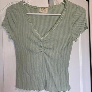 PST Los Angeles (Project Social T) Sage Green Ribbed Lace Trim Top, XS